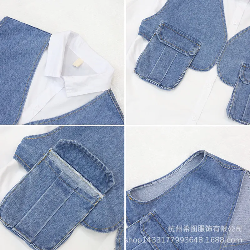 2020 spring new medium and large children girls white body with denim vest two-piece setscasual