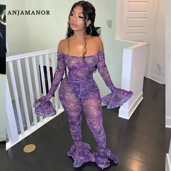 

ANJAMANOR Floral Print Mesh Bell Bottom Jumpsuits Romper Sexy Costume Fall 2019 Clubwear Outfits Plus Size Dropship D37-AD92