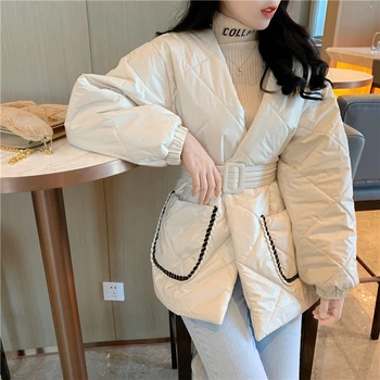 

Lace Up Solid Winter Coat Women jacket with belt Vintage Pockets 2020 Parkas V Neck Elegant Jacket Female Korean Outwear MY265