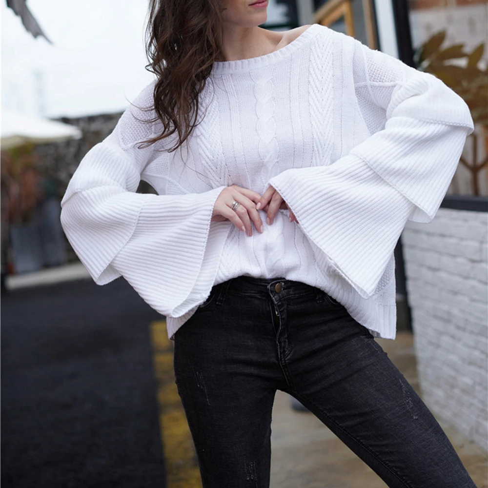 Women Ruffles Flare Sleeve White Sweater Fall Winter Elegant Knitted Twist Pullover Sweaters Fashion Loose Jumper | Женская одежда
