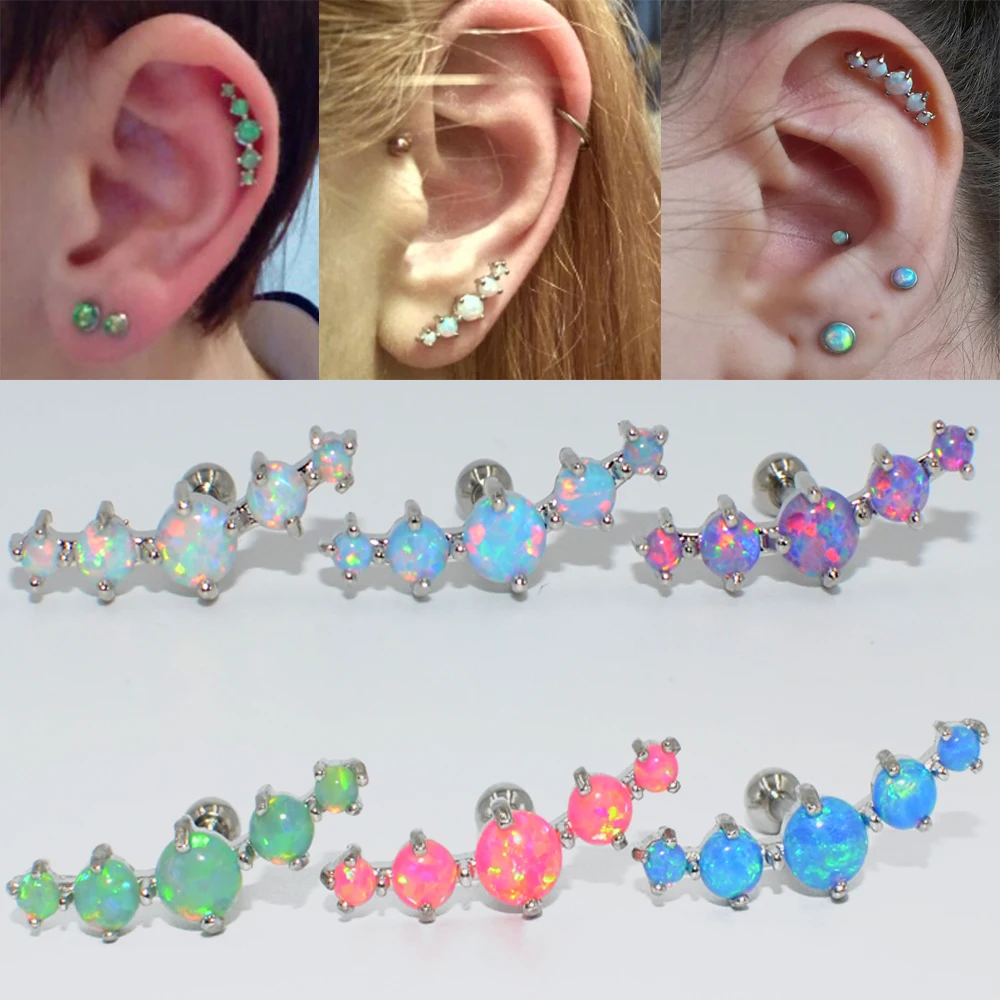 1PC 16g Stainless Steel Opal Prong set Ear Tragus Cartilage Helix Earring Stud Piercing Body Jewelry