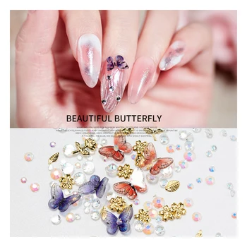 Najtaniej 1 Box / 10g 3D Trójwymiarowy Motyl Rhinestone Mieszane Ozdoba Do Paznokci, Handmade DIY żywica Dzieci Moda Paznokci Cekiny
