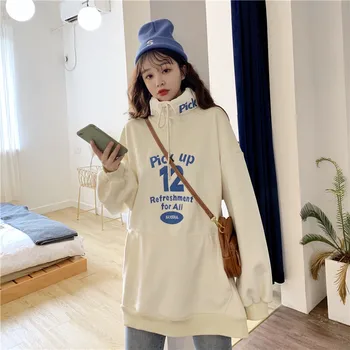 

2020 Autumn & Winter New Arrival Embroidered High Neck Loose Sweatshirt Letter Print Plus Velvet Sweatshirt Free Shipping