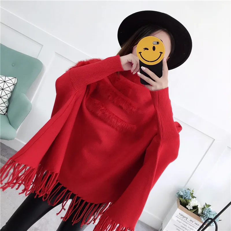 Real Rabbit Fur Patchwork Cloak Turtleneck Pullover Cape And Poncho Shawl Fashion Tassel Women Autumn Winter Bat Sleeves Sweater