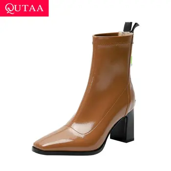 

QUTAA 2021 Square High Heel Ankle Boots Stretch PU Patent Leather Zipper Women Shoe Autumn Winter Fashion Ladies Pumps Size34-39