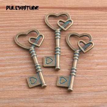 

PULCHRITUDE 6pcs 19*43mm Green Bronze Metal Zinc Alloy Double Heart Key Charms Fit Jewelry Medical Plant Pendant Charms Makings