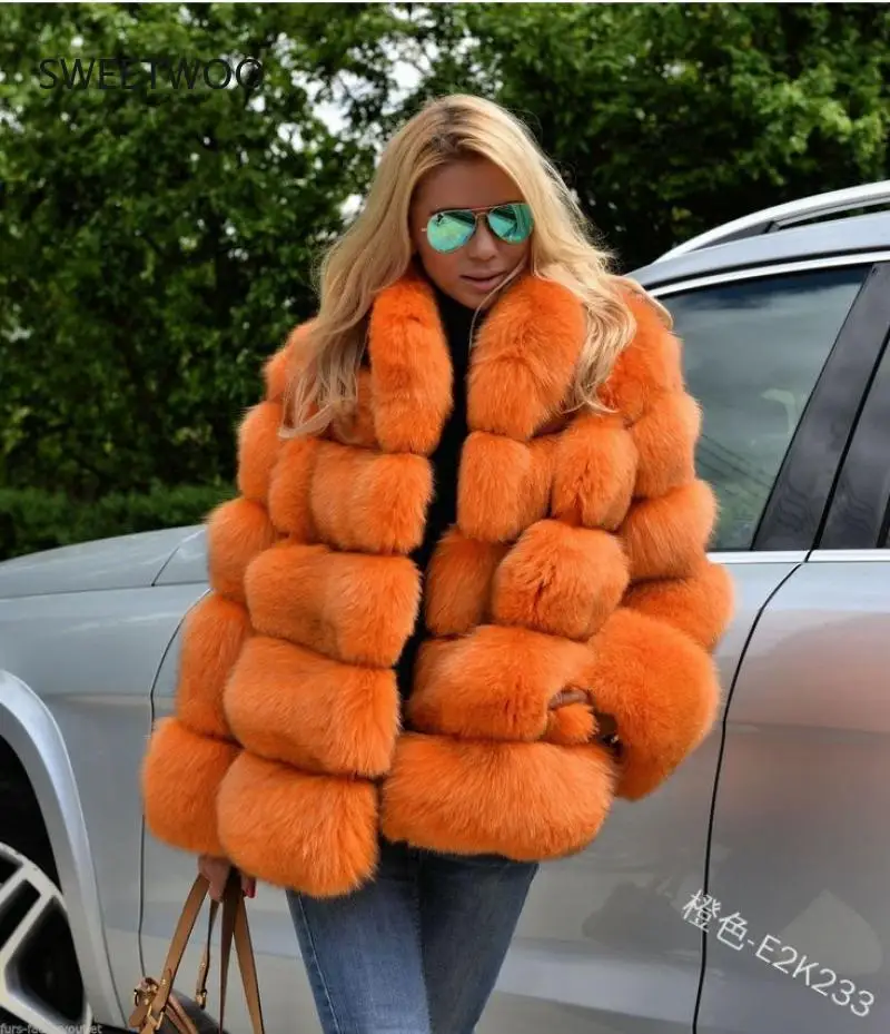 Winter Coat Women Luxury Faux Fox Fur Coat  Women Stand Fur Collar Long Sleeve Faux Fur Jacket