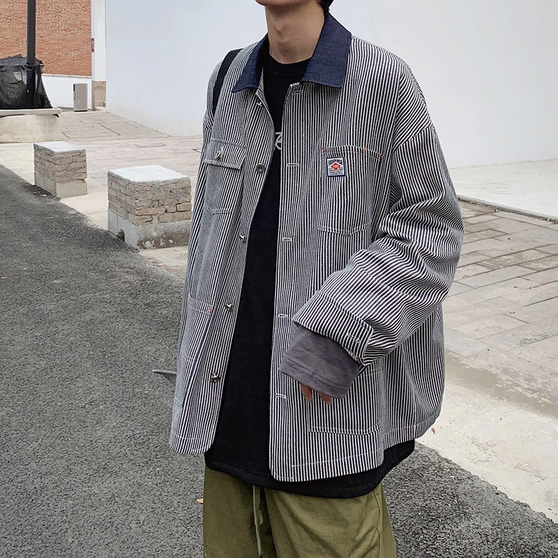 

Autumn New Jacket Men Fashion Contrast Color Stripes Casual Multi-pocket Tooling Jacket Street Wild Hip-hop Loose Bomber Jacket