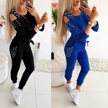 

Fall Women 2 Piece Sets Hollow Out Beading Decor Off Shoulder O-Neck Long Sleeve Solid Tops+Elastic Waist Slim Pencil Long Pants