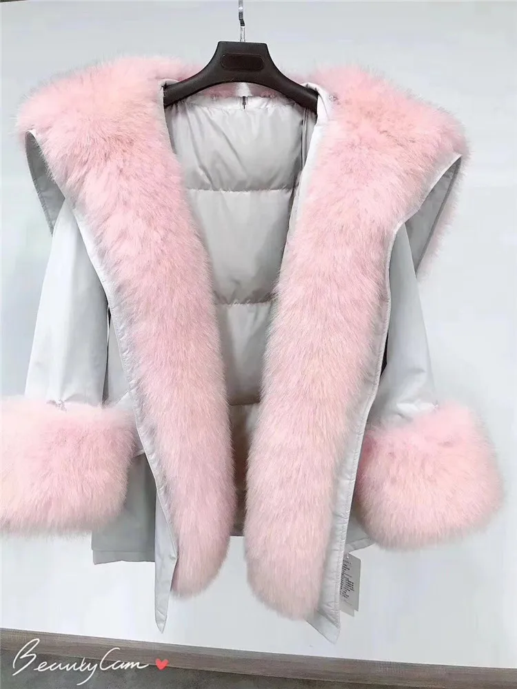 Gray pink fox fur Зимняя женская куртка с натуральным мехом, большая длинная парка с воротником из натурального меха енота, куртка на белом утином пуху, уличная одежда, корейская мода - Цвет: Gray pink fox fur