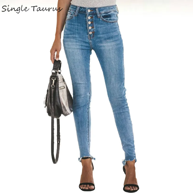 Pantalones vaqueros de cintura alta con 5 botones para mujer, ropa de calle  de algodón y licra, rasgados y desgastados, color azul|Pantalones vaqueros|  - AliExpress