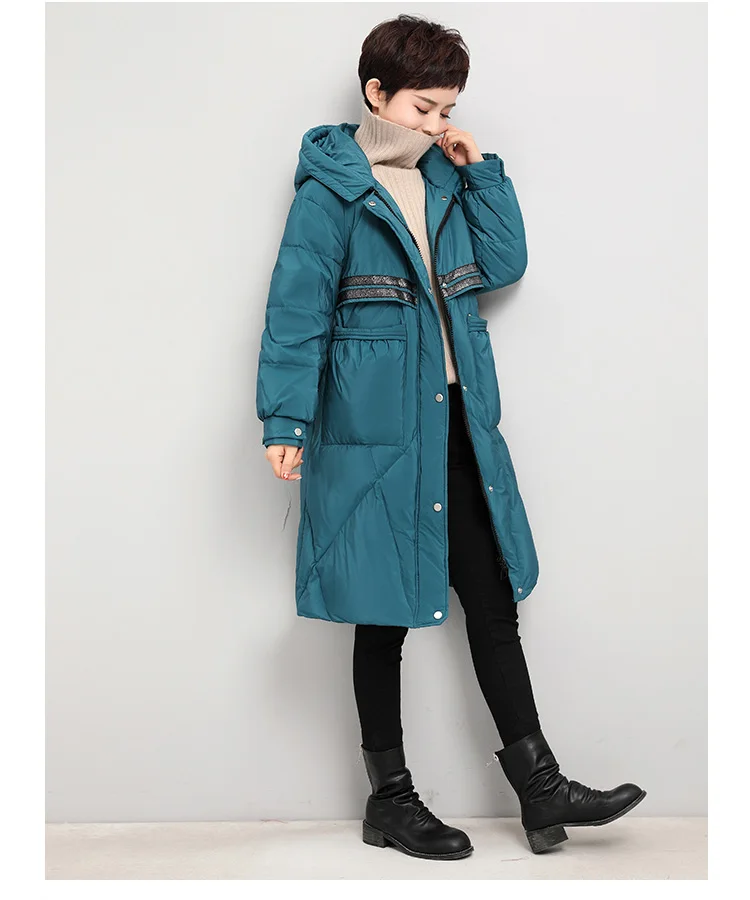 Thick Hooded down Jacket Women's Mid-length Winter New Style Stripes Korean-style Loose And Plus-sized Warm Coat