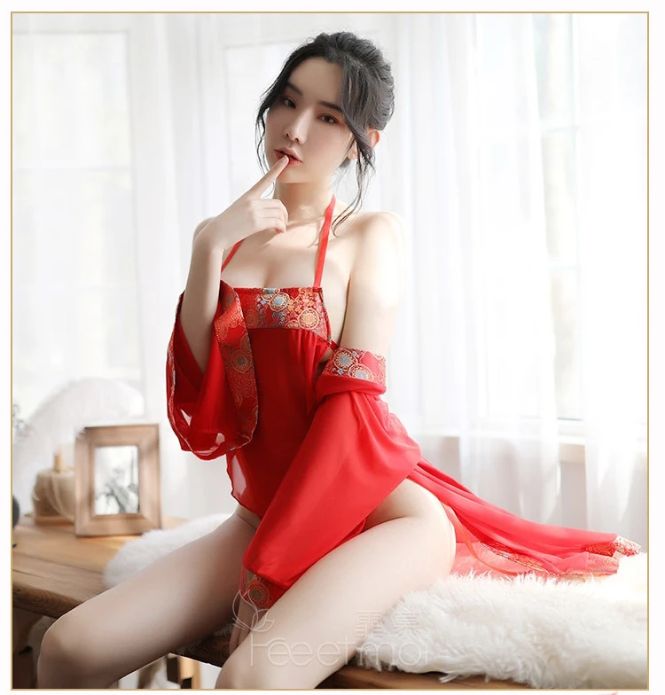 New red perspective bride kimono bathrobe mesh girth T pants+ nightgown nightdress set 3 piece set