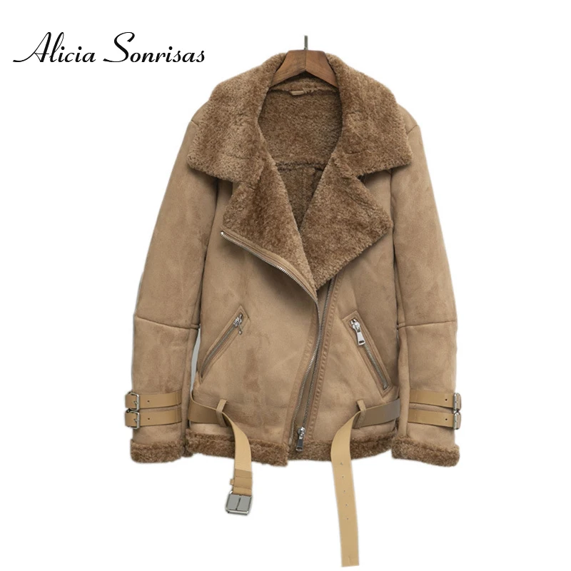 Женская замшевая куртка, меховое пальто, свободное толстое теплое пальто из искусственной овчины, зимнее мотоциклетное черное пальто из овечьей шерсти AS9109
