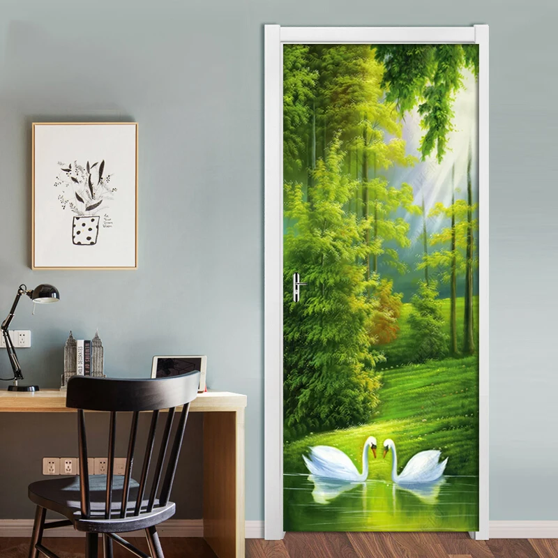 Вид на озеро лебедь картина маслом 3D дверь стикер ПВХ водонепроницаемый самоклеющиеся обои наклейки на стену гостиная двери Декор наклейки