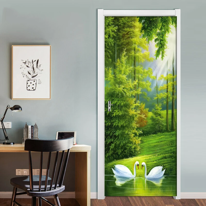 

Lake View Swan 3D Door Sticker Nature Pvc Waterproof Self-Adhesive Wallpaper Wall Stickers Living Room Door Decor Decals