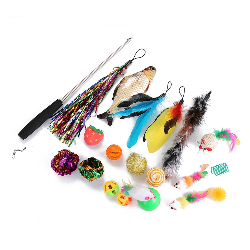 20Pcs Pet Cats Kitten Teaser Retractable Wand Fish Feather Ball Scratch Chew Toy