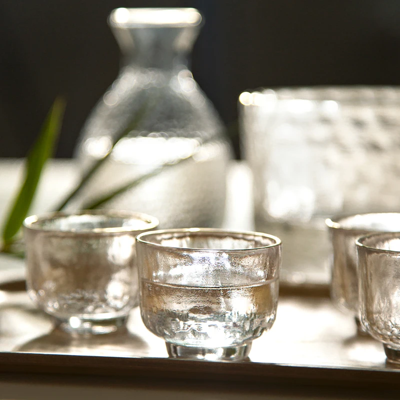 Japanese Sake Set Hammer Pattern Glass Gold Rimmed Cup Wine Warmer Korean Soju Cup Tequila Pot Whisky Domestic Wine Set