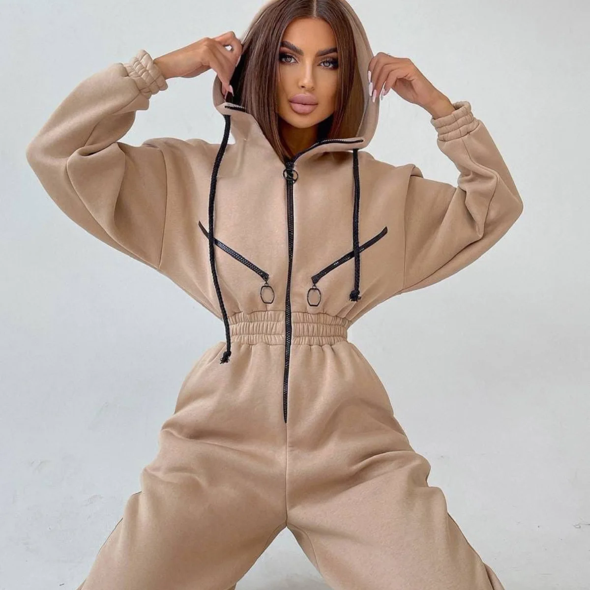 jogging suits women Casual Women Basic Hoodie Two Piece Sets Zipper Drawstring Jacket Outerwear And Elastic Pencil Pant Suit Fall Winter Tracksuit dressy pant suits to wear to a wedding