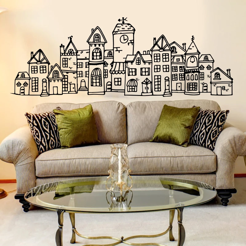 Large Scandinavian Style Cute Village City Wall Sticker Bedroom Sofa Nordic Scandi Town Wall Decal Living Room Nursery Vinyl Art (3)