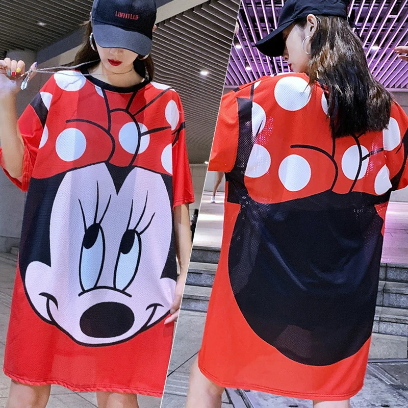 Disney-Vestido de manga corta para mujer, camisetas informales con estampado de Mickey Mouse y Minnie, Tops de gran tamaño de secado rápido, 2021