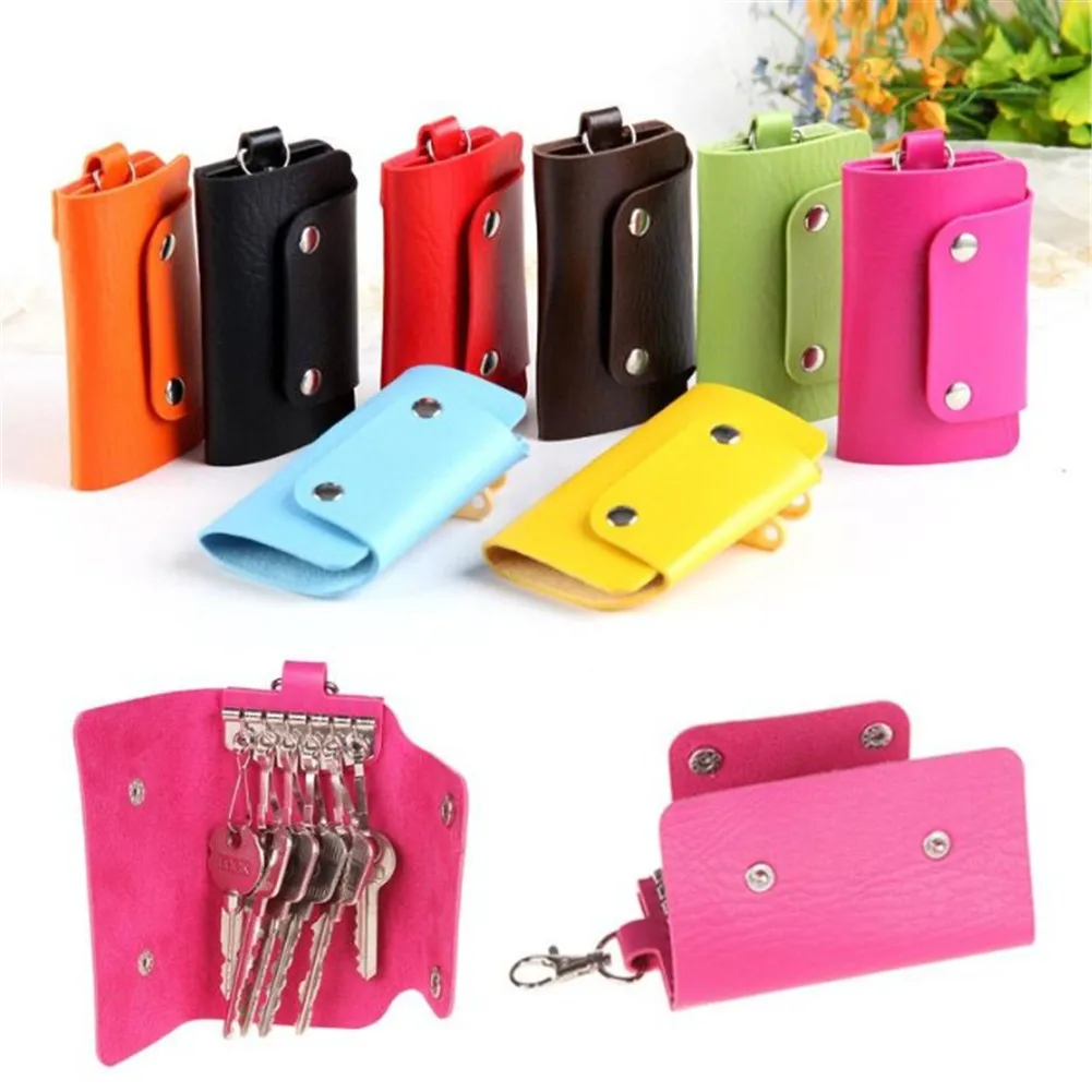 1 PC Portable Leather Housekeeper Holders Car Keychain Key Holder Bag Case Unisex Wallet Cover Simple Solid Color Storage Bag