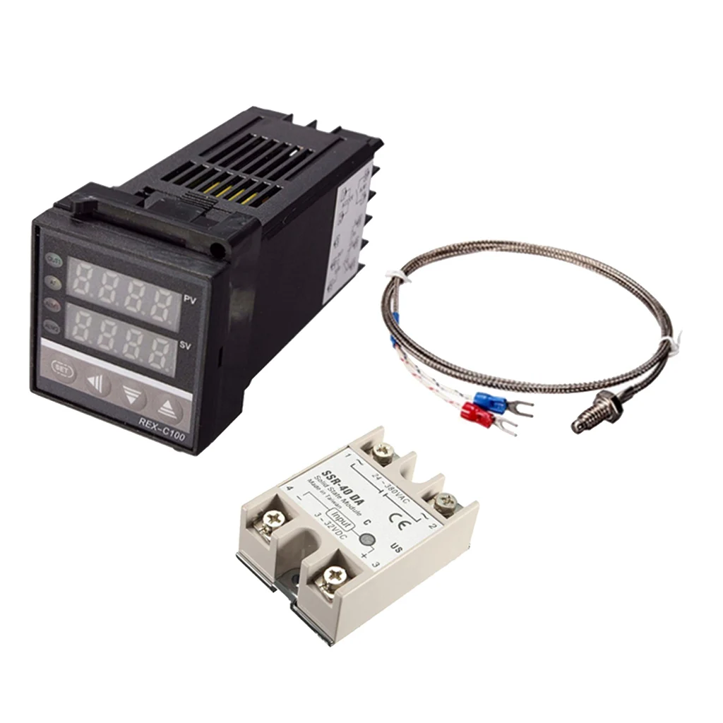 

REX-C100 Digital PID Temperature Controller Set: Thermostat SSR output + Max.40A SSR Relay + K Thermocouple Probe RKC (3PCS)