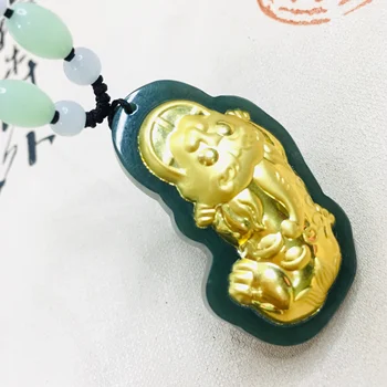 

Zheru Jewelry Pure natural Hetian jade inlaid 24K gold unicorn pendant Handmade woven necklace Send certificate