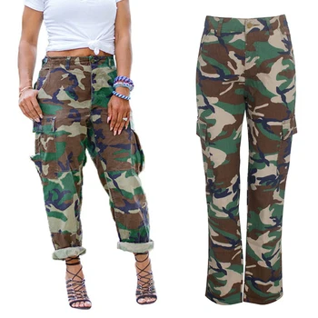 

Women Jeans Fashion Casual Loose Workout Camouflage Multi-pocket High Waist Straight Patchwork Denim Pants Female Trousers