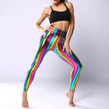 

Womens Hologram Metallic Rainbow Leg Glitter Neon Tights Stripes Printed High Waist Pants Faux Leather Party Clubwear