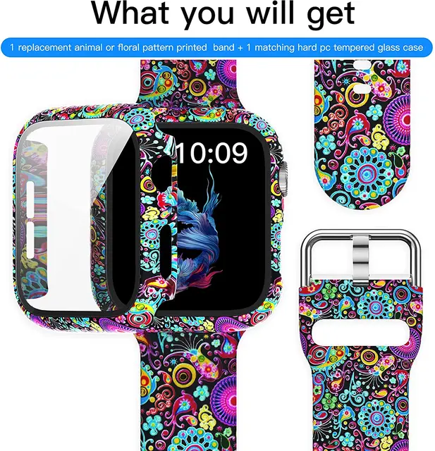 Silicone Strap+Cover for Apple Watch Bands 44mm 40mm 42mm 38mm Screen Protector, Glass+Silicone Wristband Strap for iwatch 2 in1 Case Band 05