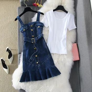 

2020 Spring Summer New Fashion Dress Set Women Short Sleeve T-shirt + Flounced Cowboy Medium-length Dress Female Two-Piece Suit