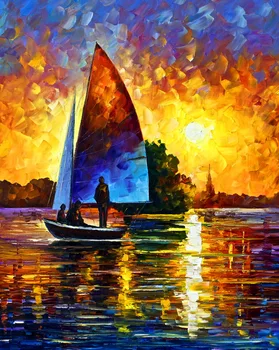 

Modern handmade painting by knife twilight sailing on cave for home wall decoration, wallpaper