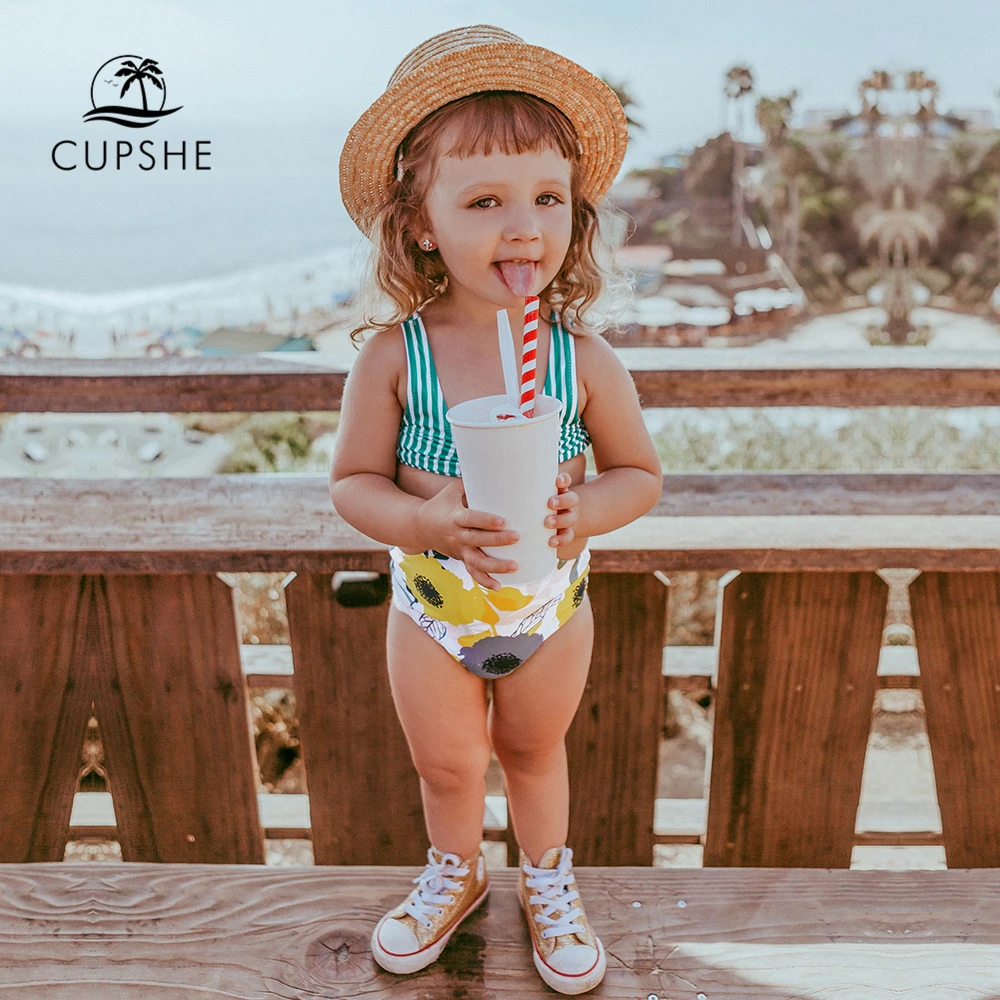 Cupshe Aqua Striped Floral One Piece Swimsuit For Toddler Girls And Girls Kids Swimsuit Children Bathing Suits 2 12 Years Children One Piece Suits Aliexpress