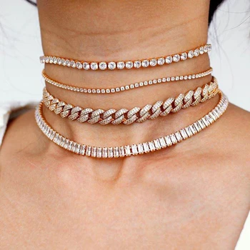 

2020 new Rainbo cz iced out hiphop bling Miami Curb Cuban link chain necklace for women Rock CZ adjust choker chain jewelry