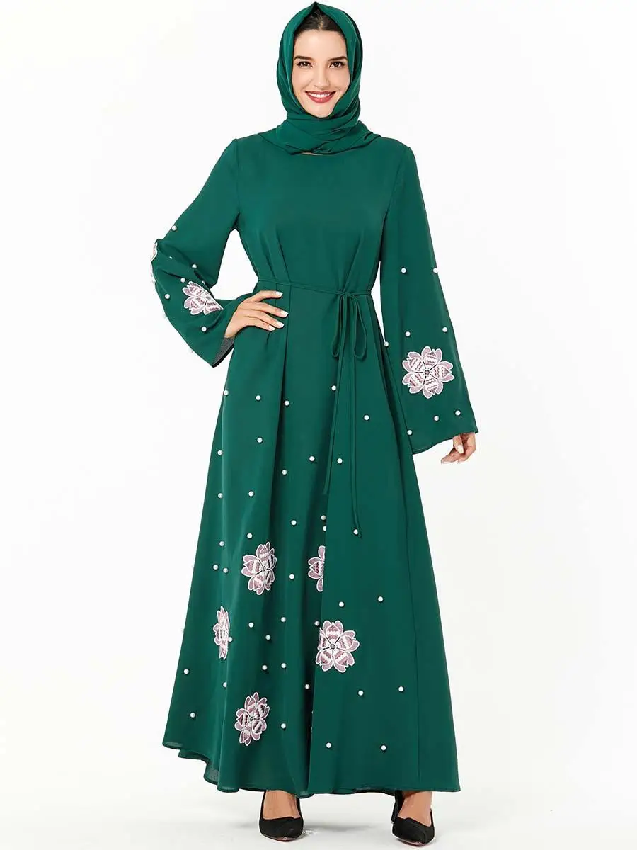 Abaya Дубай вышивка с длинным рукавом платье для женщин мусульманские Вечерние кафтан бусины джилбаб Винтаж Рамадан кафтан ислам Халат