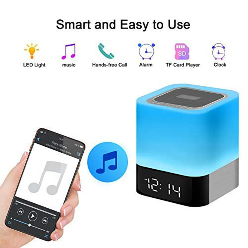 FUNN-Ночной светильник Bluetooth динамик, светодиодный прикроватный сенсорный датчик с регулируемой яркостью, беспроводной динамик с изменяющим цвет светильник и будильник
