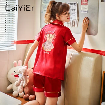 

CAIYIER 2020 Women Satin Summer Pajamas Set for Women Short Sleeve Printed Sleepwear Cute Bear Silk Pyjamas Two Piece Suit Red