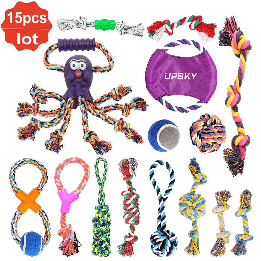 

UPSKY 15pcs Dog Interactive Toys Cotton Durable Chew Rope Balls Pet Toys For Small/Large Dogs Grinding & Cleaning Teeth Dog Toys