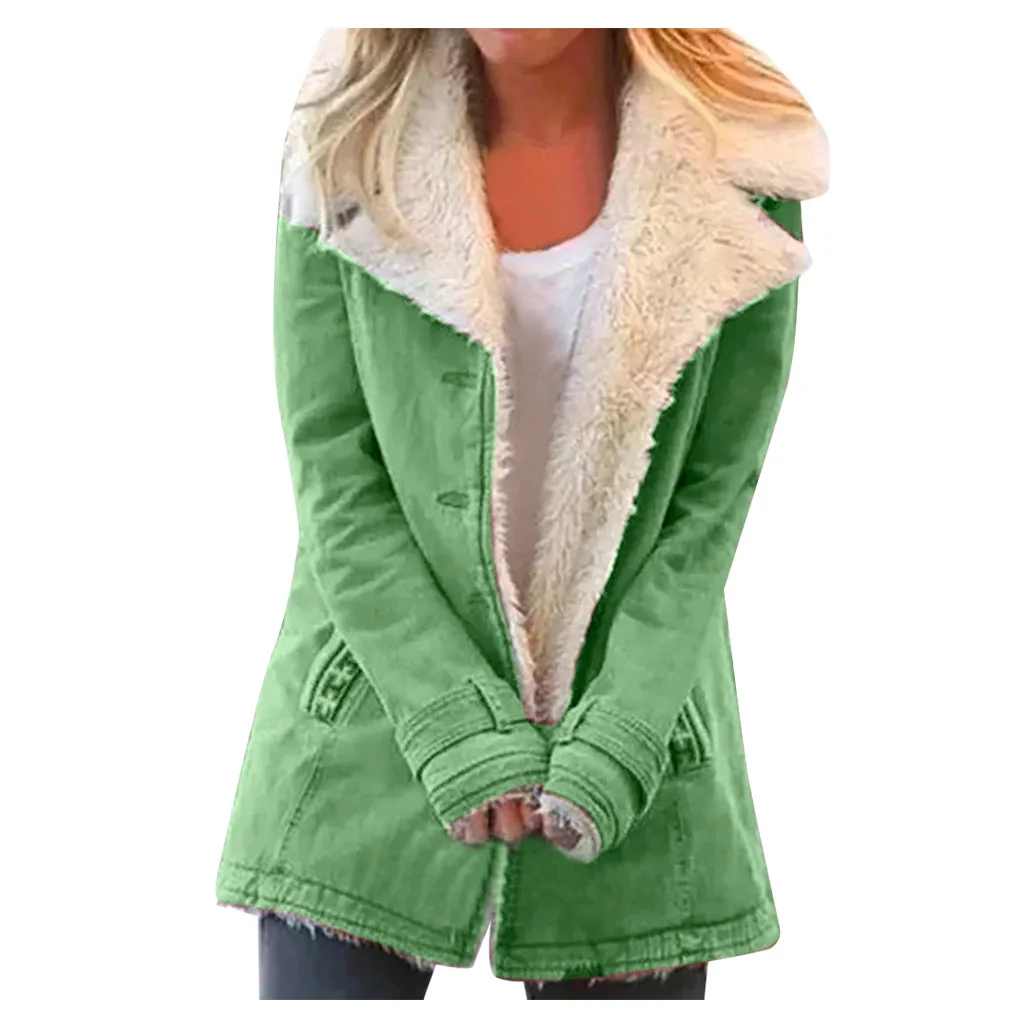 Sagace одежда пальто Женская мода зима весна длинный рукав сплошной размера плюс композитный PlushButton лацканы Куртка Верхняя одежда Пальто - Цвет: Green