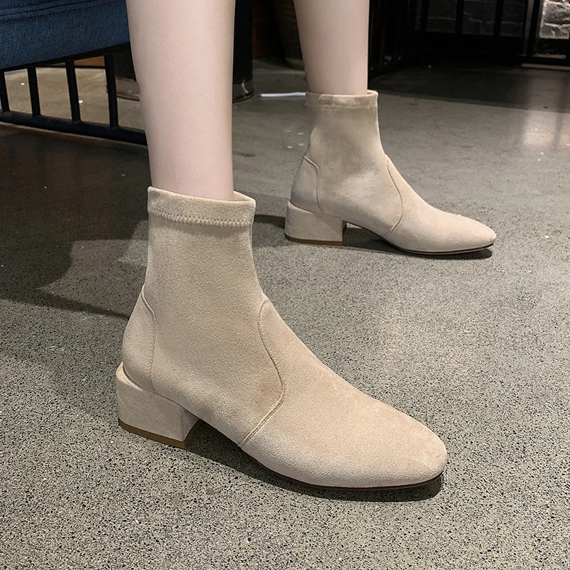 

Women Suede Ankle Boots Short Boots Women 2019 Winter Elegant Thick Heel Booties Ladies Black Beige