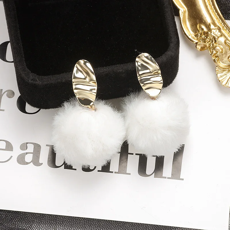 3cm Faux Rabbit Fur Pendent Pompom ball Stud Earrings Metal earring for Girl Jewelry | Украшения и аксессуары