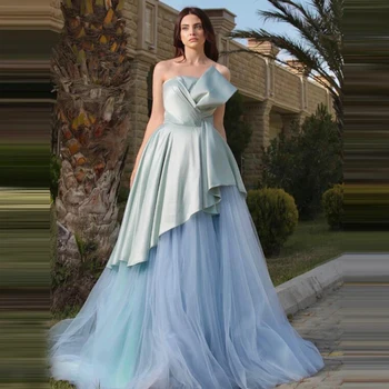 

Light Blue Muslim Evening Dresses Strapless Satin Sleeveless Pleated Formal Dubai Prom Party Dress Vestido Longo Festa
