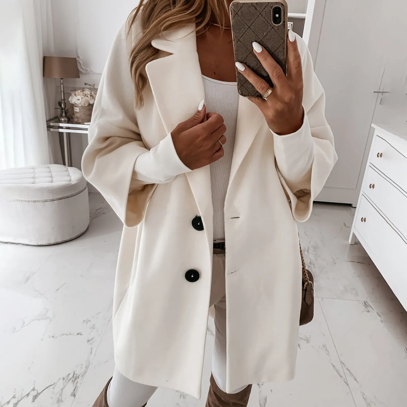 Autumn Winter Woman Chic Wool Coats Artificial Wool Elegant Blend Coat Female Turn Down Collar Long Coat Outerwear Jackets 1