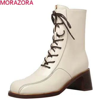 

MORAZORA 2020 New fashion women boots thick high heels square toe ladies shoes autumn winter genuine leather ankle boots