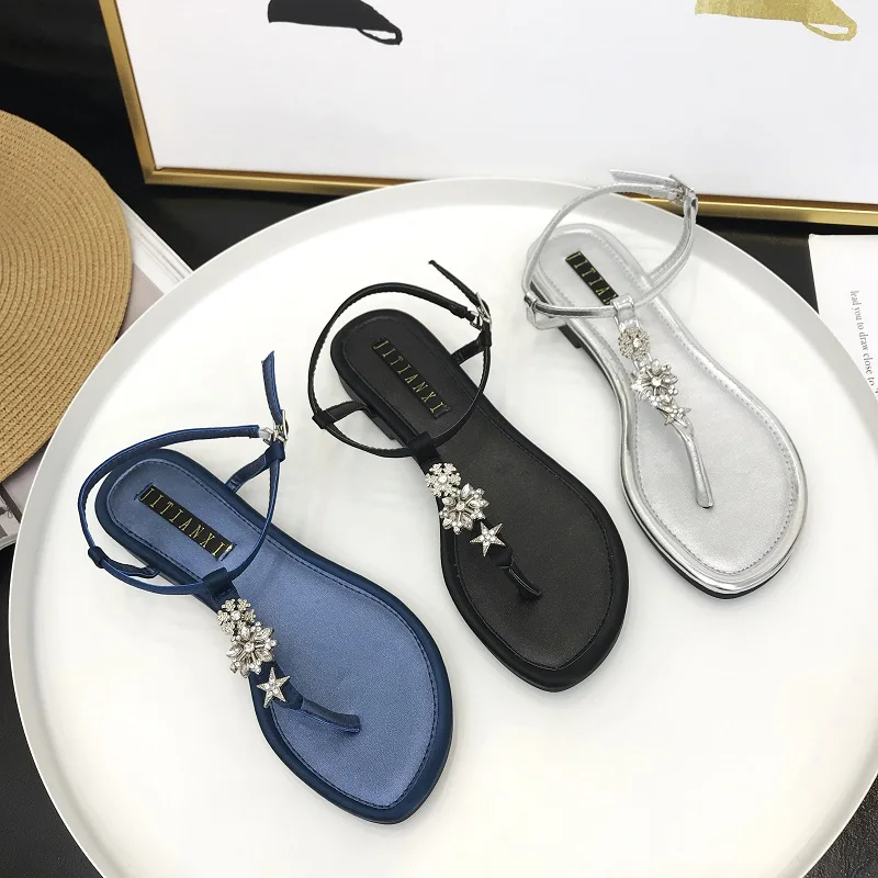 

2019 Summer Beige Heeled Sandals Women's Shoes Silver All-Match Flip Flops Platform Ladies Black Rhinestone Female Flat Sexy