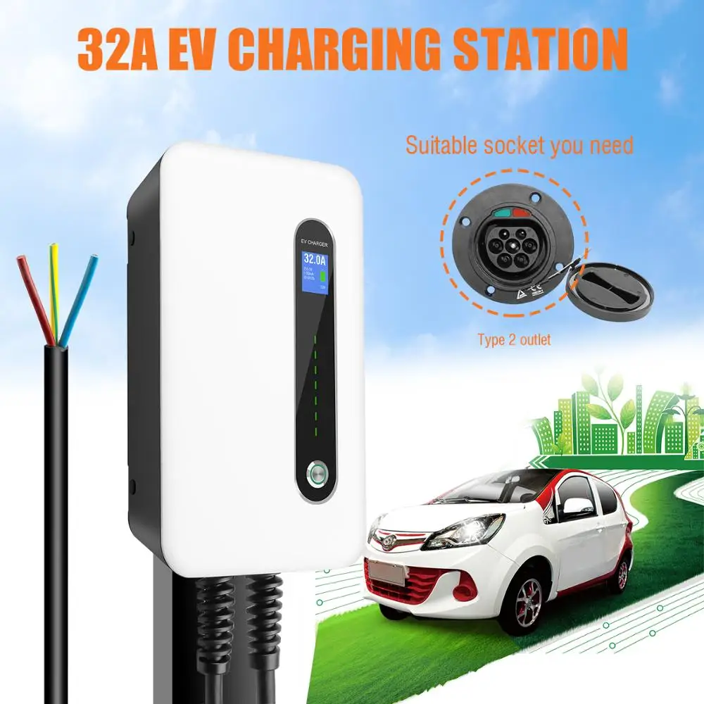 32A EVSE Wallbox EV автомобильное зарядное устройство электромобиль зарядная станция настенный IP66 Тип 2 кабель IEC 62196
