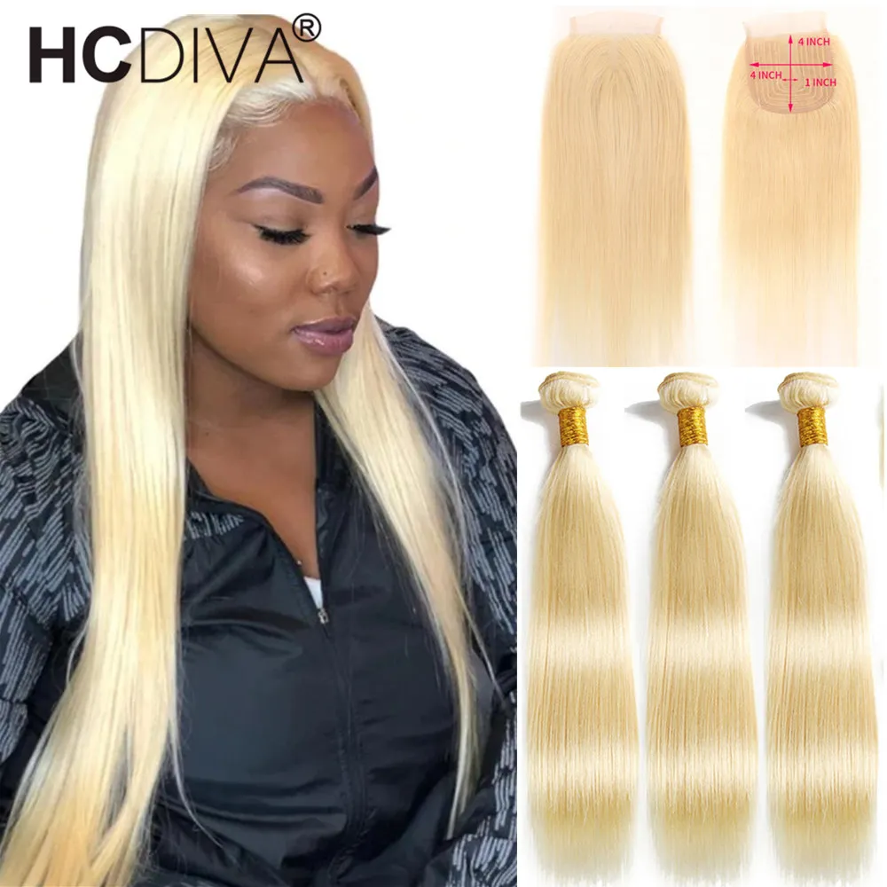 

613 Blonde Straight Hair Bundles With Closure Malaysian Remy Human Hair Bundles With Lace Closure 4x4 Closure With Baby Hair