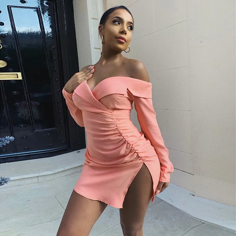 

Deep V Neck Club Sexy Side Split Bodycon Dresses Women Ruched Backless Slash Neck Wrap Party Bandage Mini Pencil Dress Vestidos