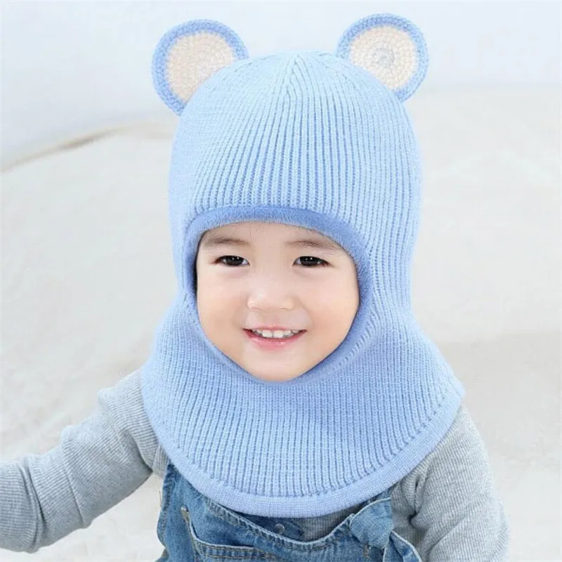 Kid Hat And Scarf Child Knit Short Plush Hooded Scarf Winter Warm Protection Ear Cap Circulal Scarves Girl Boy Accessories - Цвет: Небесно-голубой